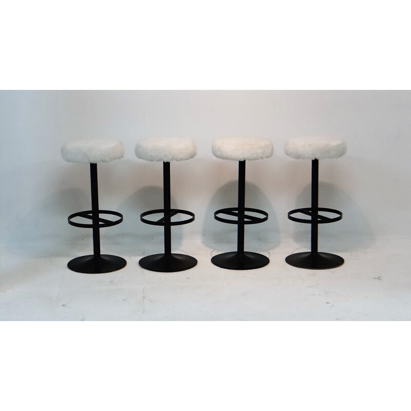 Set of 4 bar stools in steel and wool - 1960s