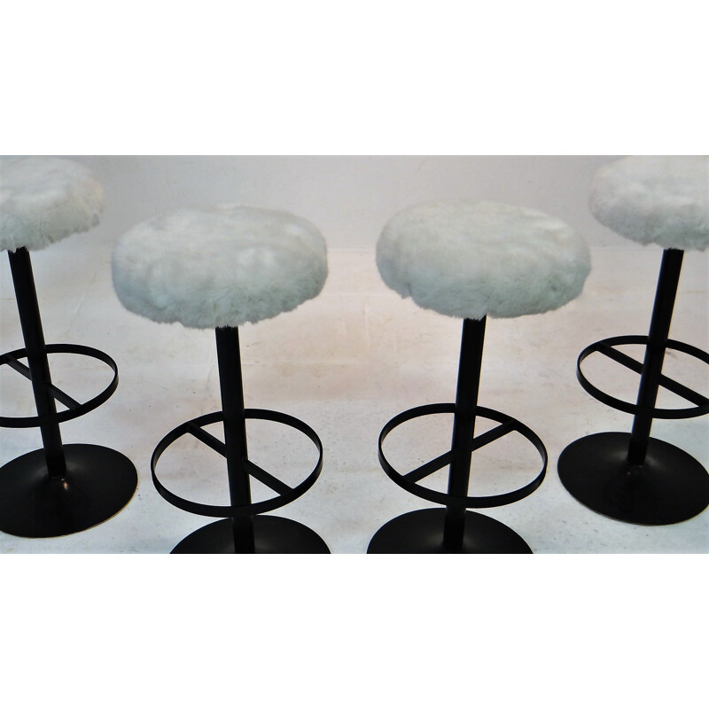 Set of 4 bar stools in steel and wool - 1960s