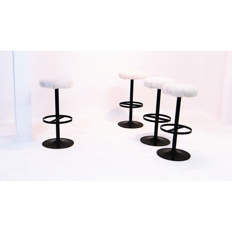 Set of 4 bar stools in steel and wool - 1960s