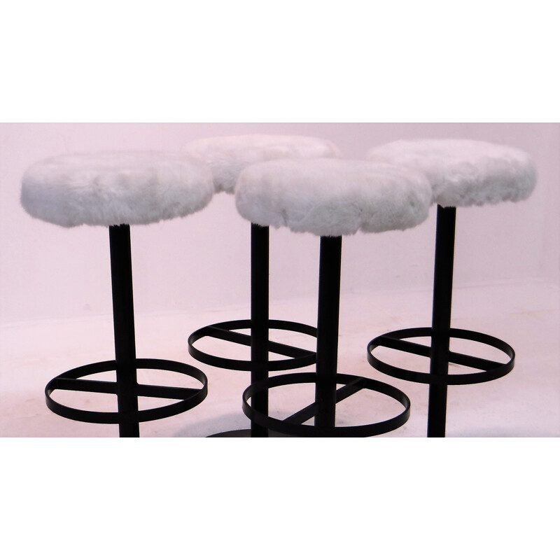 Set of 4 bar stools in steel and wool - 1960s