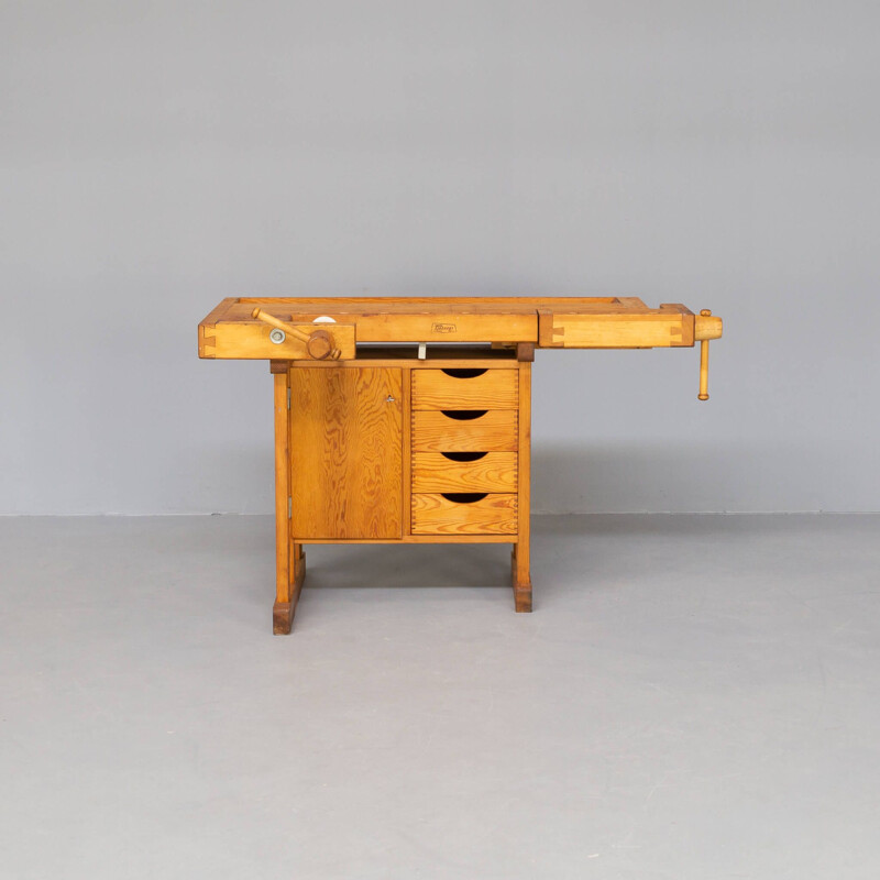 Vintage wooden workbench with drawers and one door by Sjoberg, 1950s