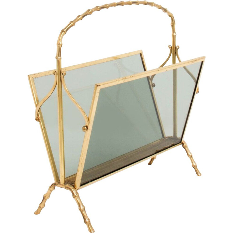 Vintage brass and glass magazine rack by Maison Baguès