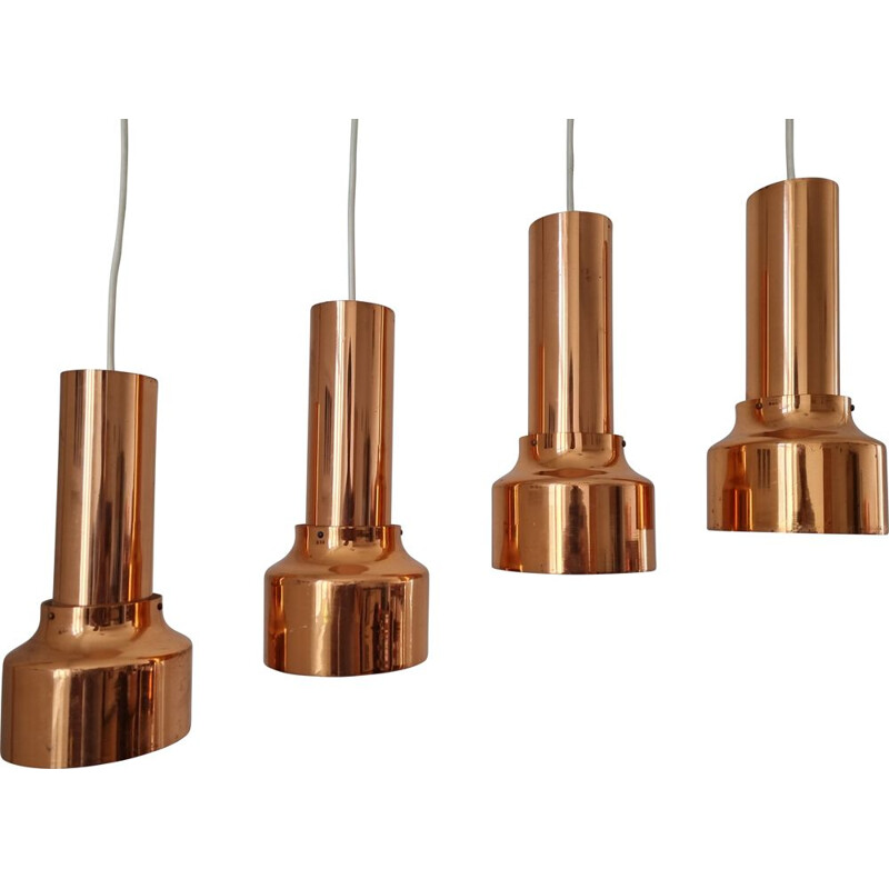 Set of 4 mid century copper pendant lamps, Denmark 1970s