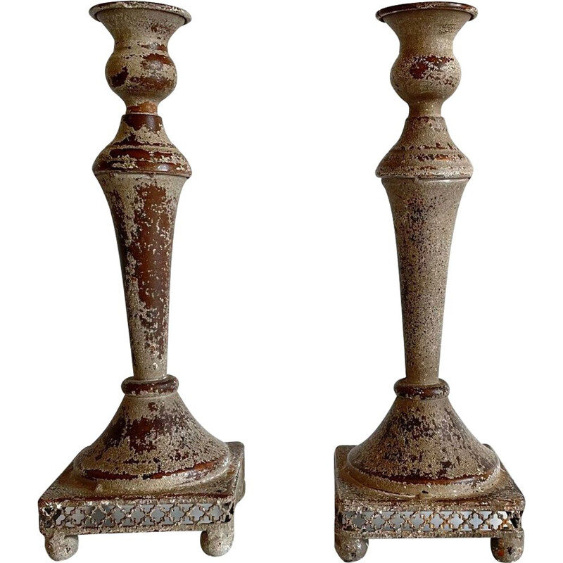 Pair of vintage candle holders in light patina metal