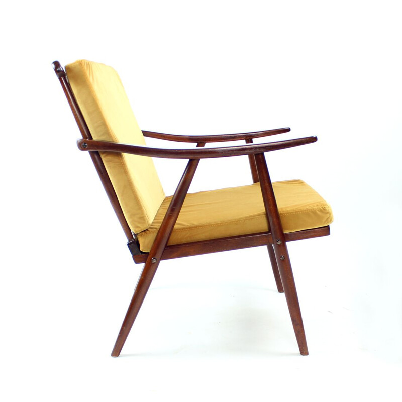 Vintage Boomerang fauteuil in goud fluweel van Ton, Tsjechoslowakije 1960