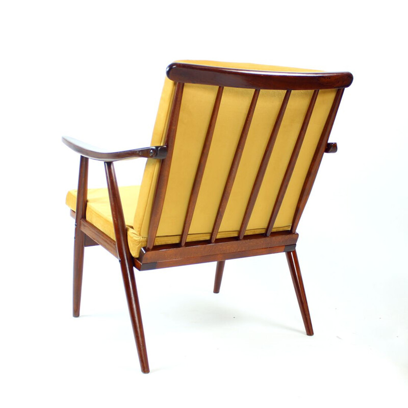 Vintage Boomerang fauteuil in goud fluweel van Ton, Tsjechoslowakije 1960