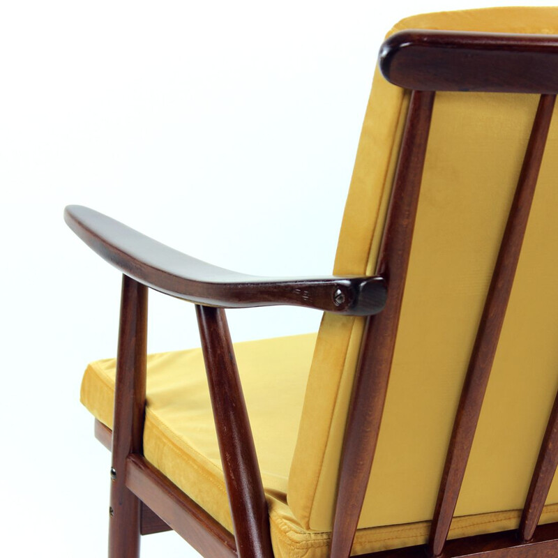 Vintage Boomerang armchair in gold velvet by Ton, Czechoslovakia 1960s