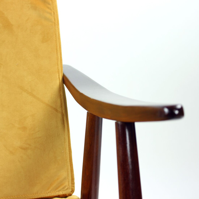 Vintage Boomerang armchair in gold velvet by Ton, Czechoslovakia 1960s
