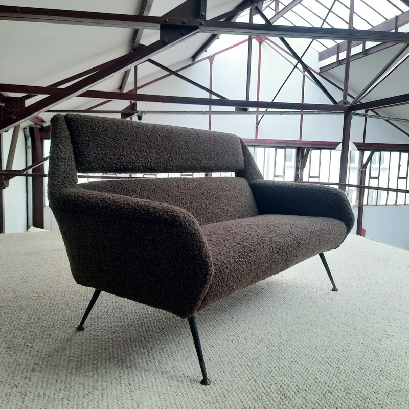 Vintage sofa in chocolate bouclé fabric, Italy 1950s