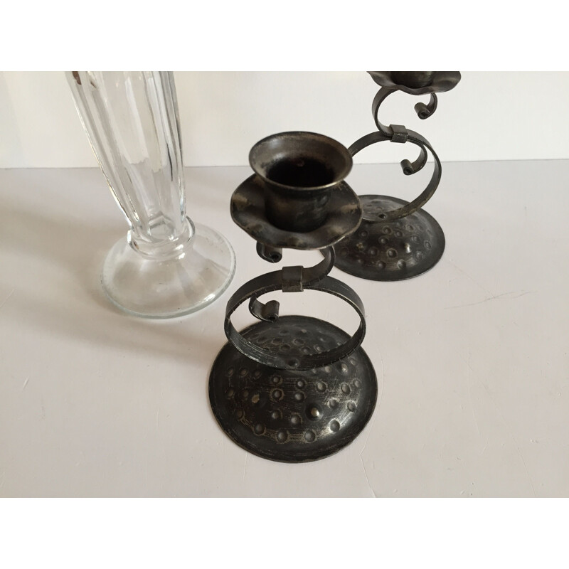 Set of 3 vintage glass and metal candle holders