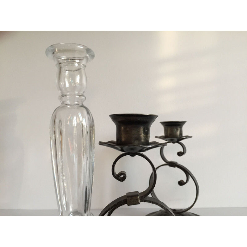 Set of 3 vintage glass and metal candle holders