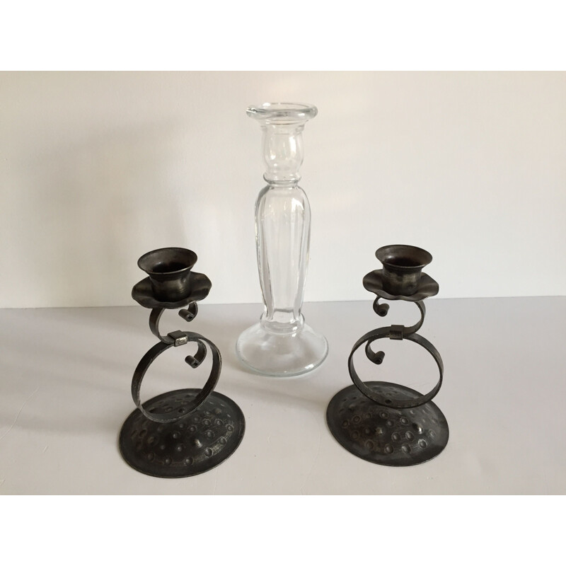 Set of 3 vintage glass and metal candle holders