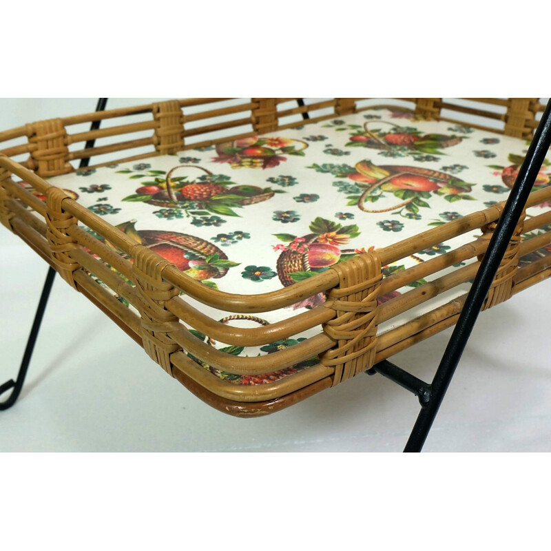 Small serving with removable tray in rattan - 1950s