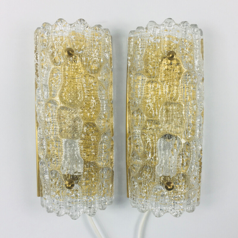 Pair of vintage Scandinavian glass wall lamps by Carl Fagerlund for Orrefors, Sweden 1960s