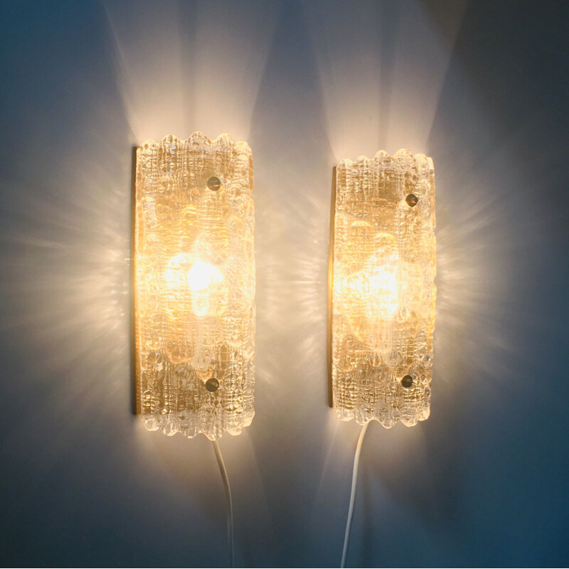 Pair of vintage Scandinavian glass wall lamps by Carl Fagerlund for Orrefors, Sweden 1960s