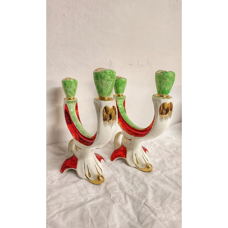 Pair of vintage painted ceramic candlesticks, France 1950s