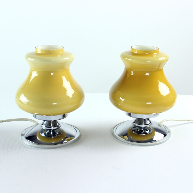 Pair of vintage table lamps in cream opaline and chrome, Bulgaria 1960