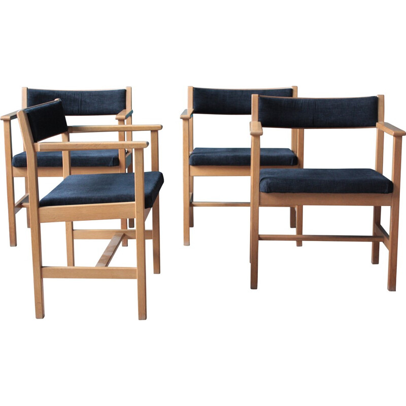 Set of 4 scandinavian armchairs in oakwood and blue fabric, Børge MOGENSEN - 1960s