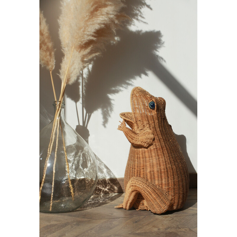 Vintage wicker frog magazine rack by Olivier Cajan