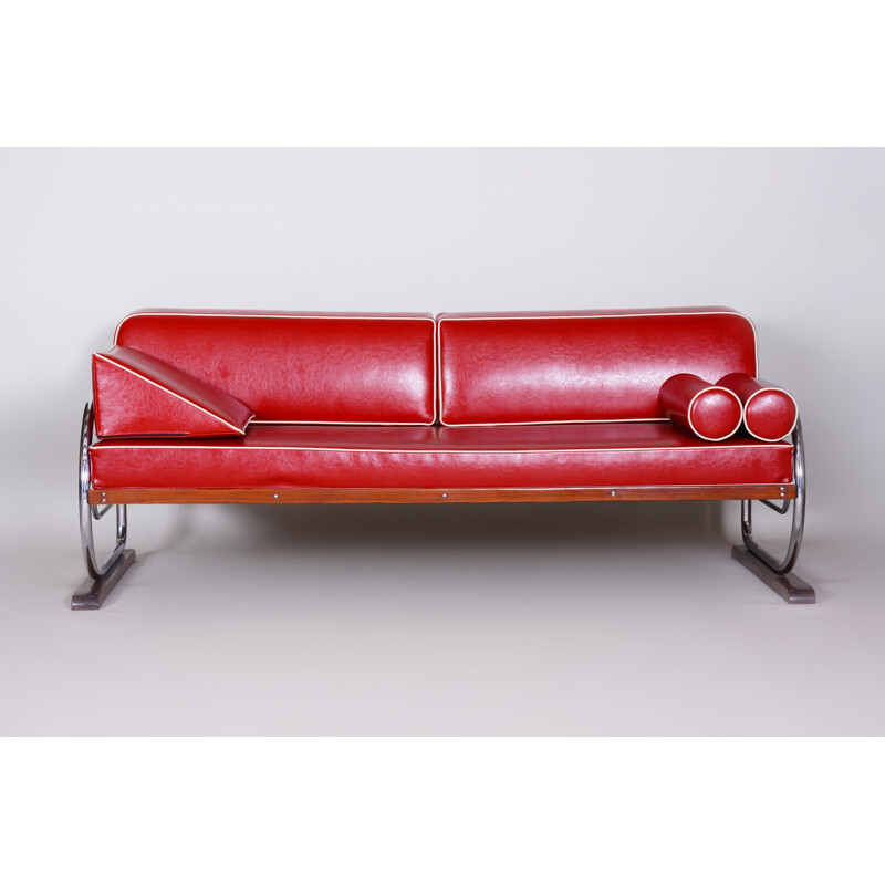 Sofá vintage de cuero rojo de Robert Slezak, 1930