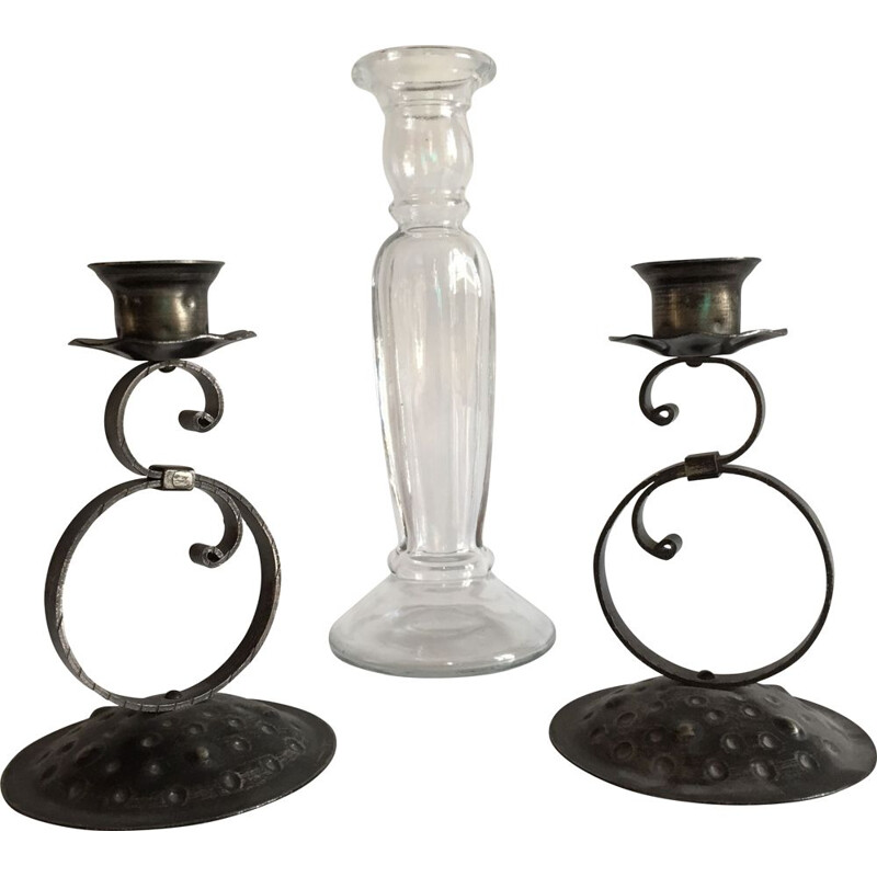 Set of 3 vintage glass and metal candle holders