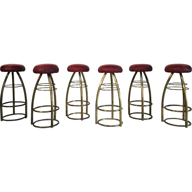 Set of 6 stools in brass and leatherette - 1950s