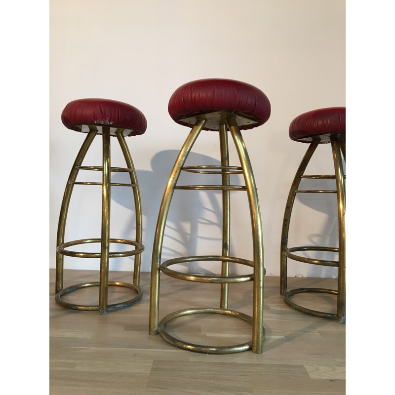 Set of 6 stools in brass and leatherette - 1950s