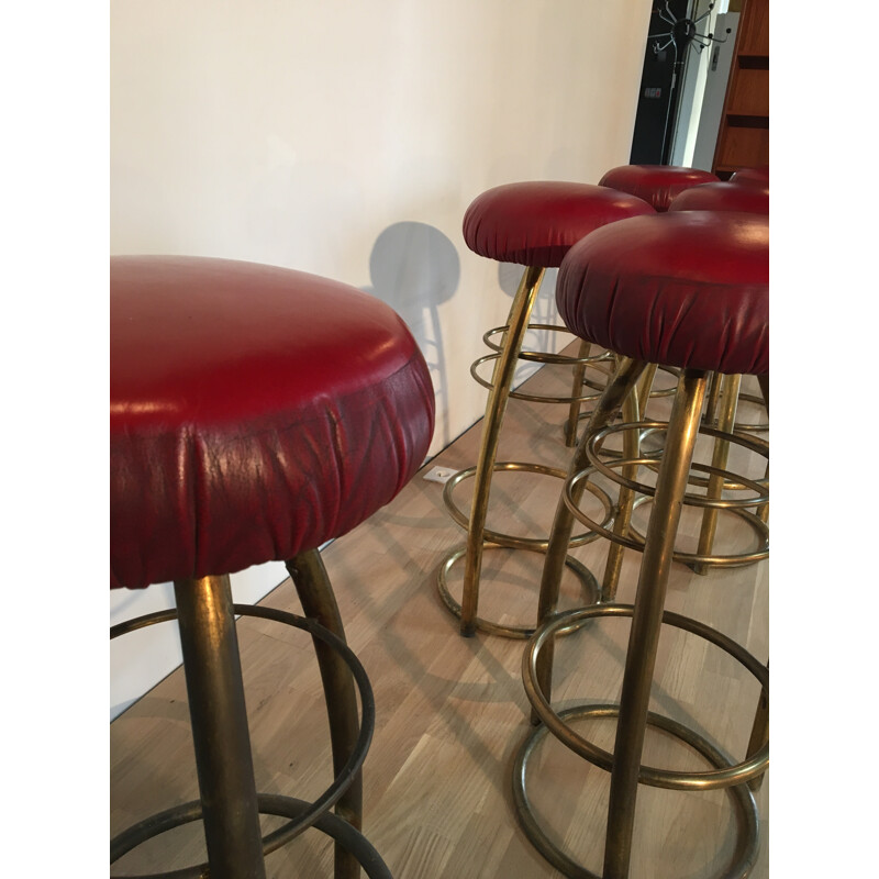 Set of 6 stools in brass and leatherette - 1950s