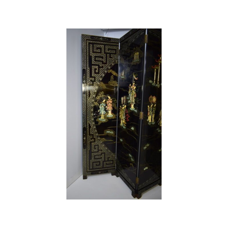 Vintage four-leaf hard stone and brass screen, China