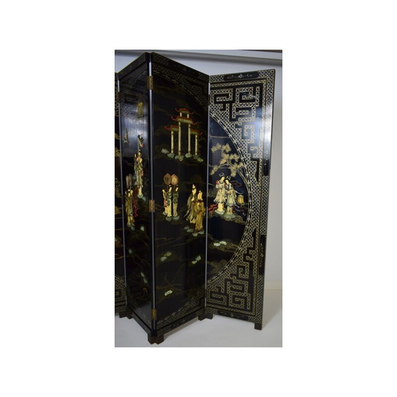 Vintage four-leaf hard stone and brass screen, China