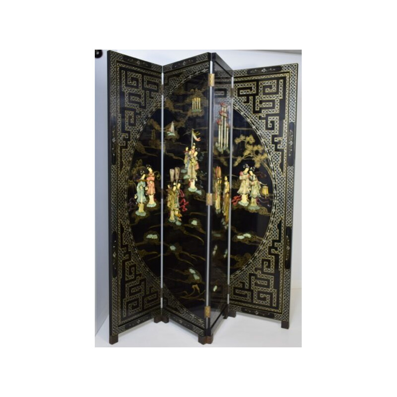 Vintage four-leaf hard stone and brass screen, China