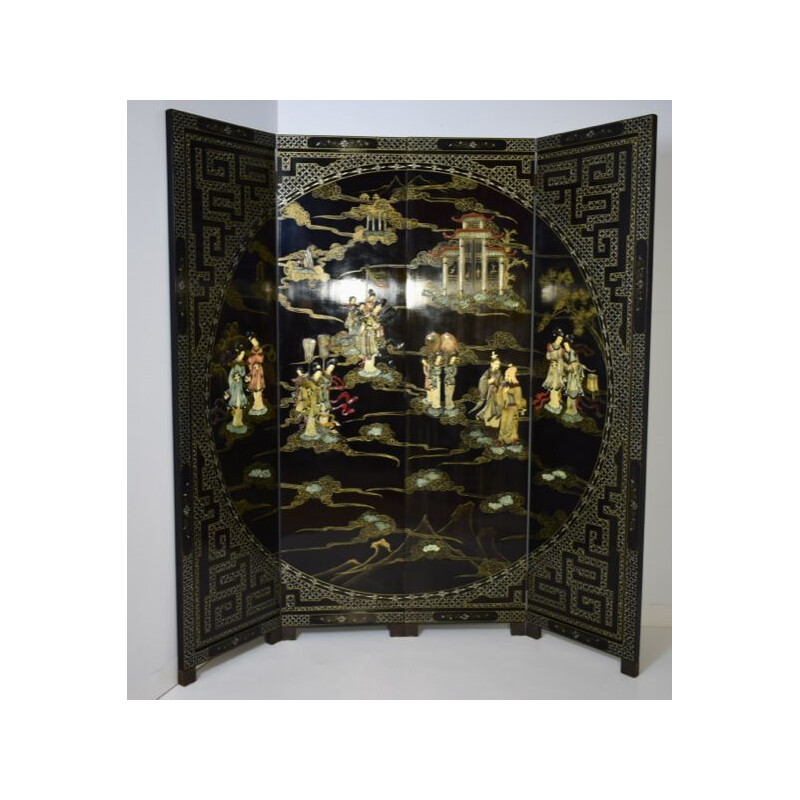 Vintage four-leaf hard stone and brass screen, China