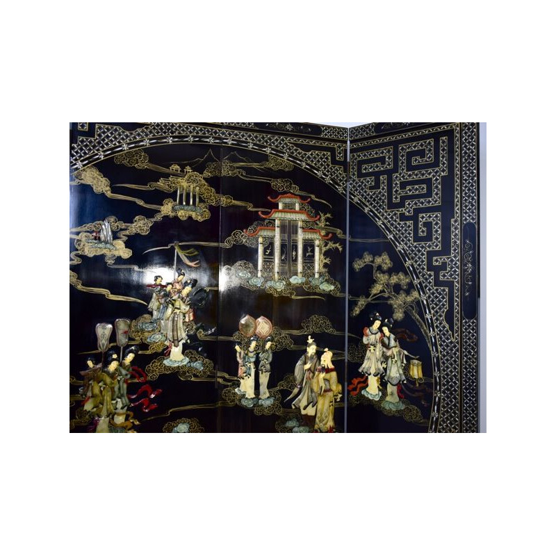 Paravento d'epoca in pietra dura e ottone, Cina