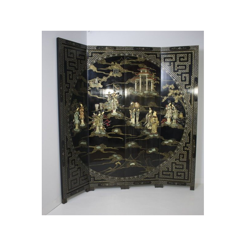 Vintage four-leaf hard stone and brass screen, China