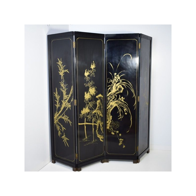 Vintage four-leaf hard stone and brass screen, China