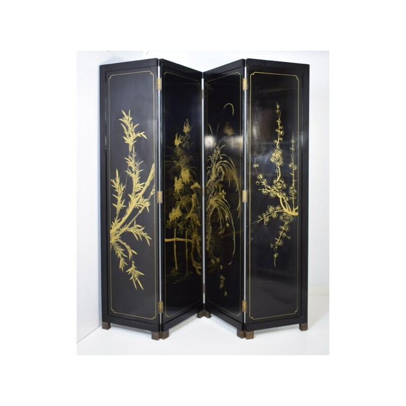 Vintage four-leaf hard stone and brass screen, China