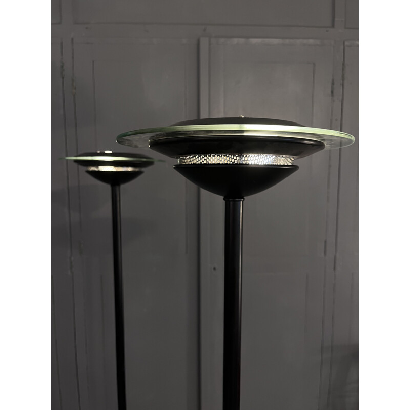 Pair of vintage floor lamps in black lacquered metal and glass disc, 1980