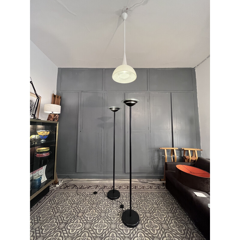 Pair of vintage floor lamps in black lacquered metal and glass disc, 1980