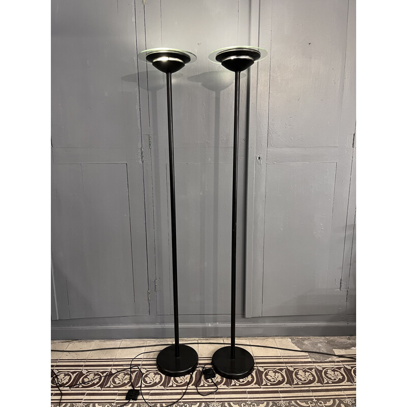 Pair of vintage floor lamps in black lacquered metal and glass disc, 1980