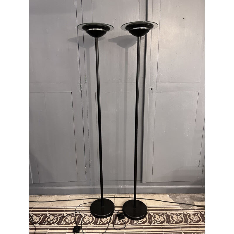 Pair of vintage floor lamps in black lacquered metal and glass disc, 1980