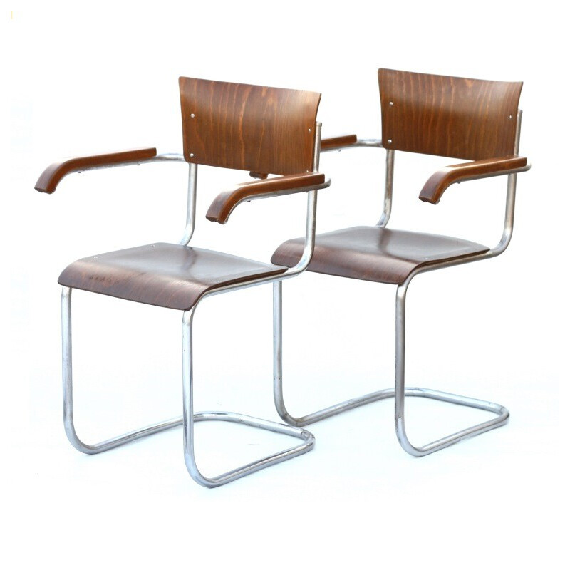 Pair of industrial armchair in plywood and chrome piping - 1960s