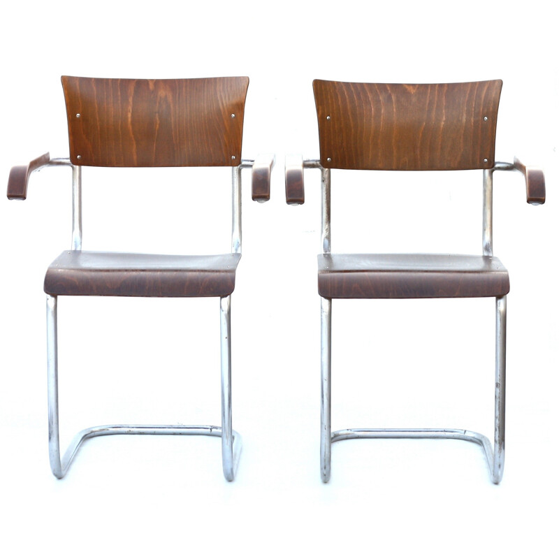 Pair of industrial armchair in plywood and chrome piping - 1960s
