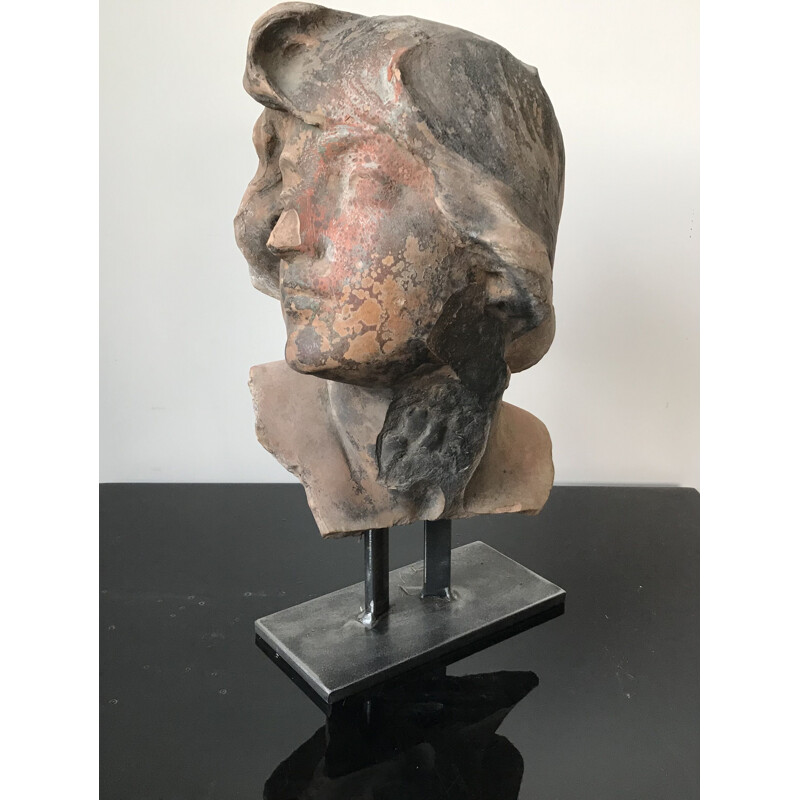 Sculpture vintage de tête de femme en terre cuite