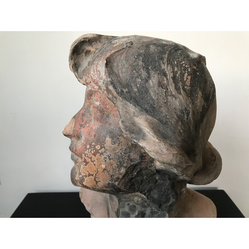 Sculpture vintage de tête de femme en terre cuite