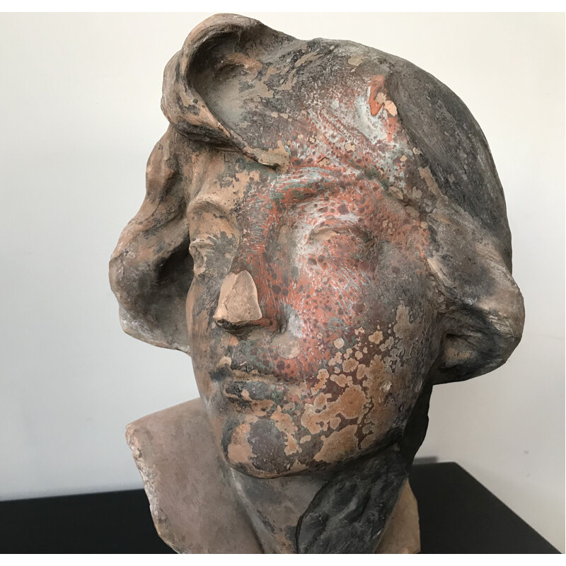 Sculpture vintage de tête de femme en terre cuite