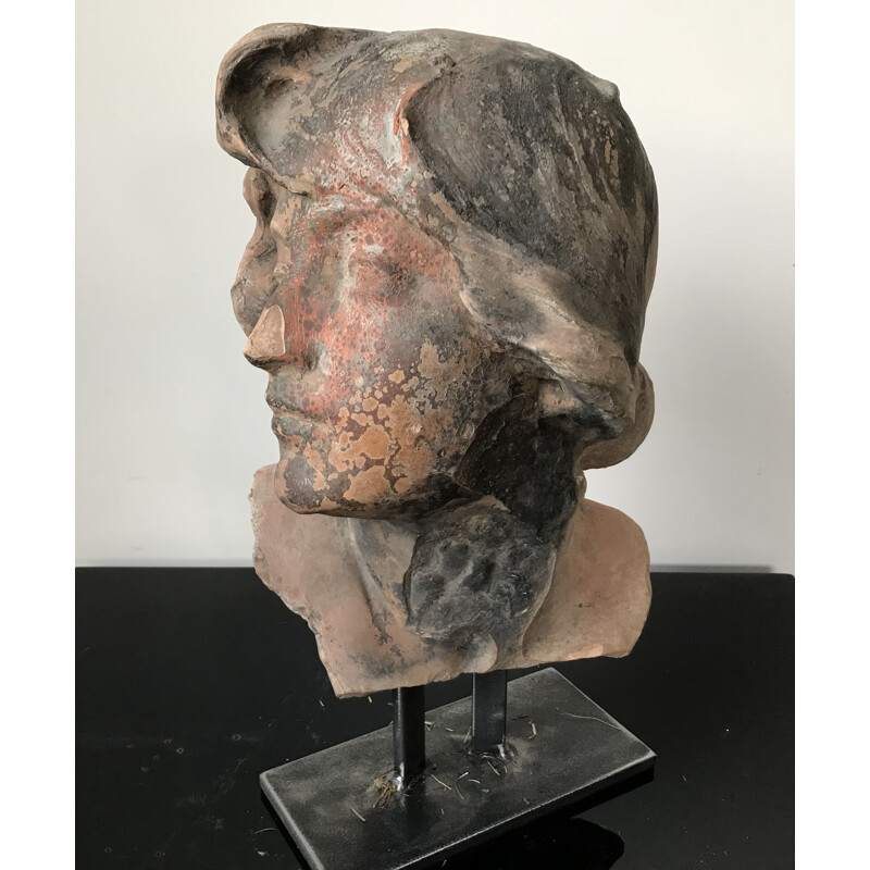 Sculpture vintage de tête de femme en terre cuite