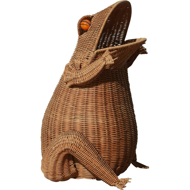 Vintage wicker frog magazine rack by Olivier Cajan