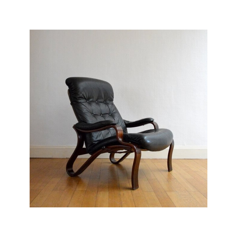 Black leather relaxing armchair, Ingmar RELLING - 1960s