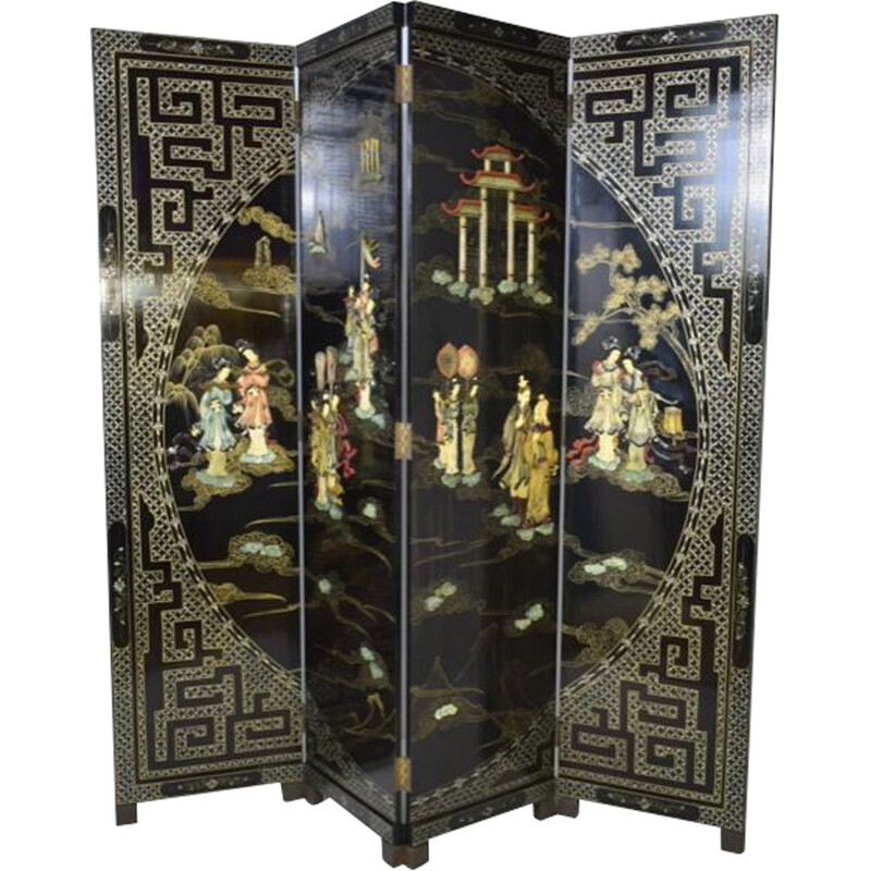 Vintage four-leaf hard stone and brass screen, China