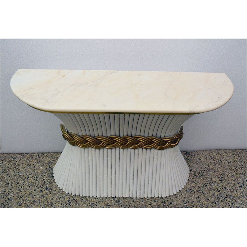 Table console vintage en bois blanc et or avec dessus en marbre rose